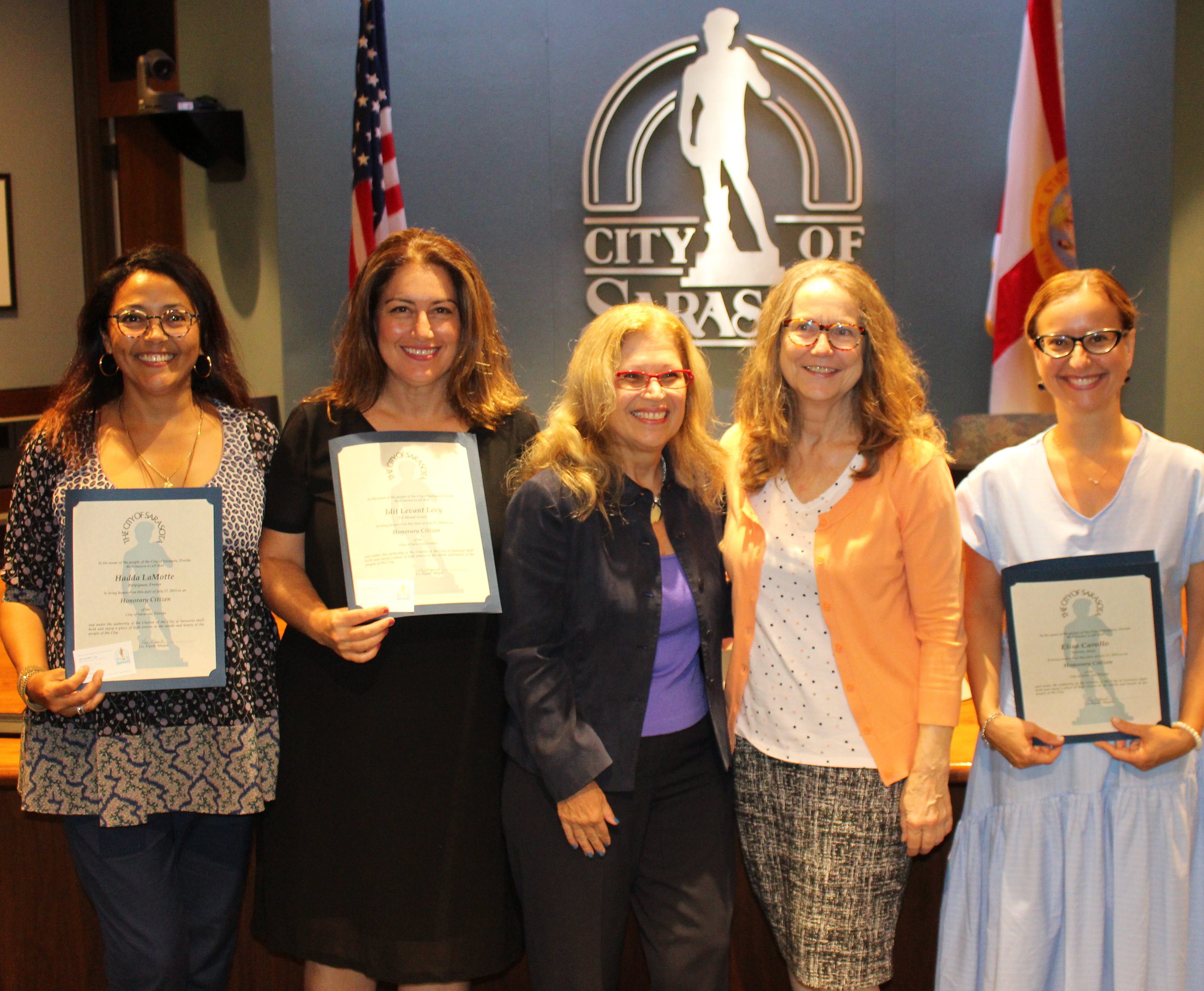 Sister Cities teachers, here in the U.S. on behalf of the Sister Cities Association of Sarasota, pose with Sarasota Mayor Liz Albert